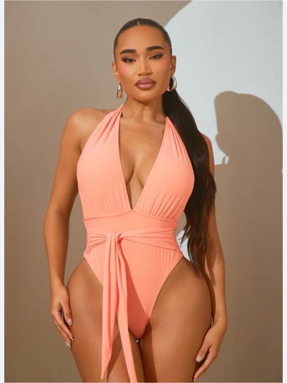 Fashion Nova Peach Halter Tie-Waist One-Piece